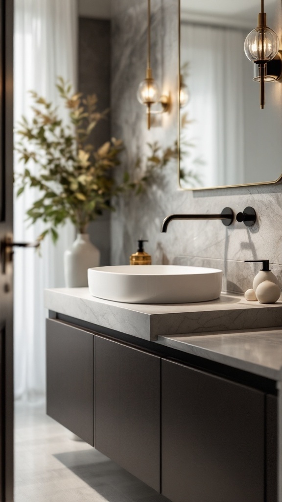 Modern bathroom with a sleek white sink, black fixtures, stylish lighting, and decorative plants.