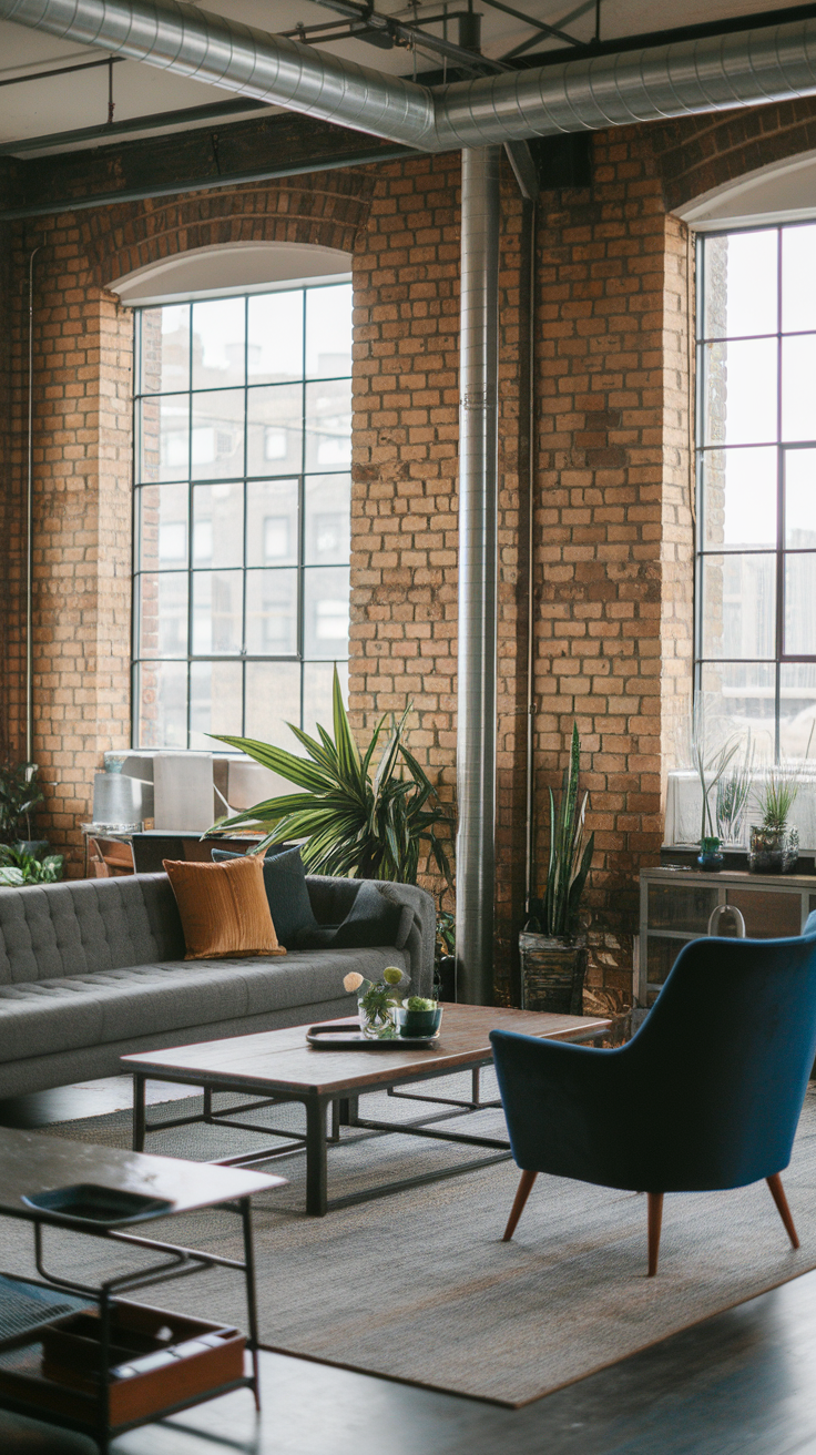 Cozy urban industrial living room with exposed brick walls and large windows