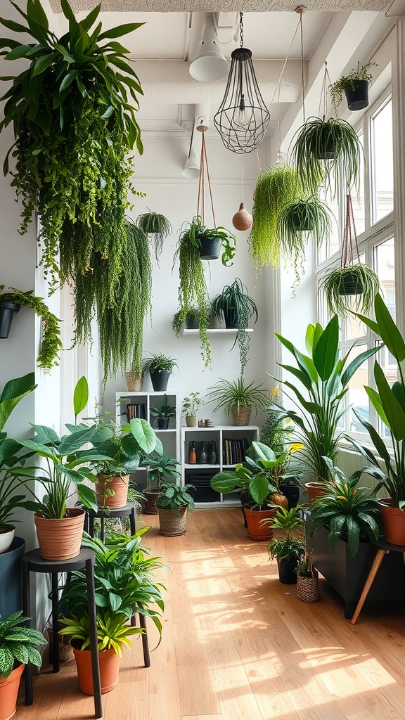 A bright indoor space filled with various hanging and potted plants, showcasing an urban jungle aesthetic.