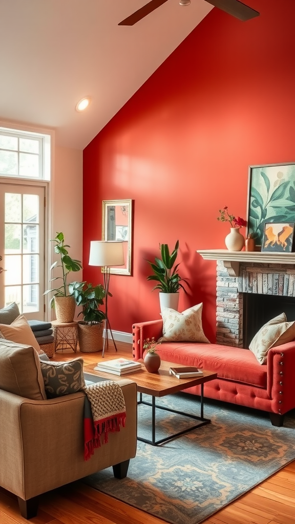 Living room with a bold red accent wall, cozy couch, and plants, showcasing interior design.