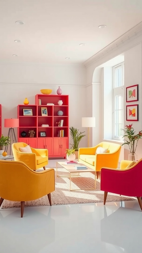 A bright and modern living room featuring colorful yellow and red chairs, a red shelving unit, and plants.