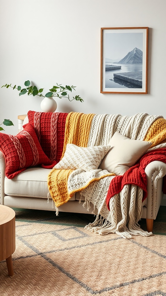 A cozy sofa with colorful throws in rich jewel tones, showcasing a warm and inviting living room design.