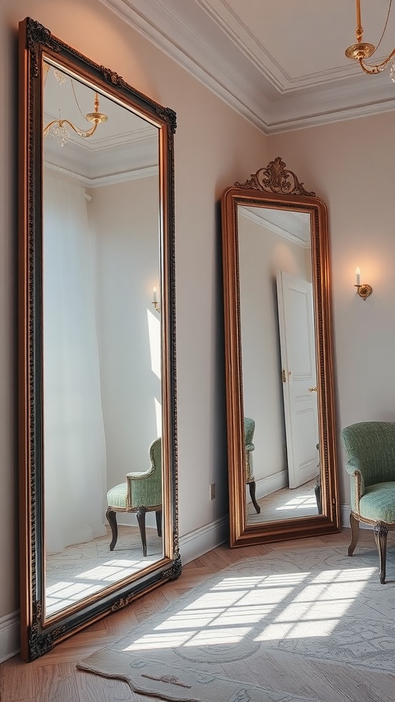 Two large ornate mirrors reflecting light in a stylish room with a green accent chair