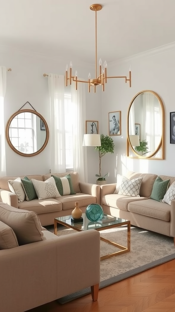 A stylish living room featuring mirrors, warm furniture, and decorative elements.
