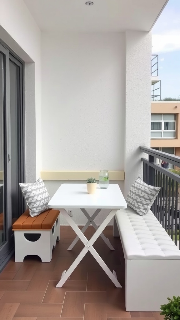A small balcony featuring a white table, a bench, and a stool, with a potted plant and decorative pillows.