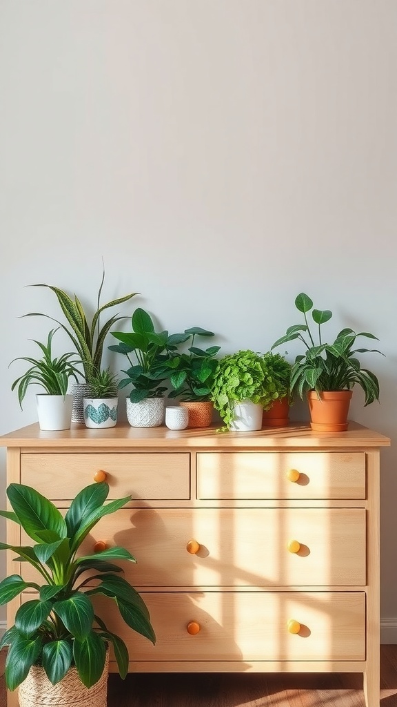 A wooden dresser topped with various potted plants in different styles and sizes.