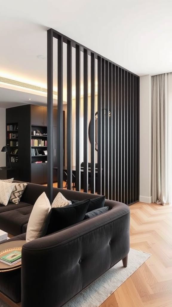 A modern room divider in a stylish small apartment living room.