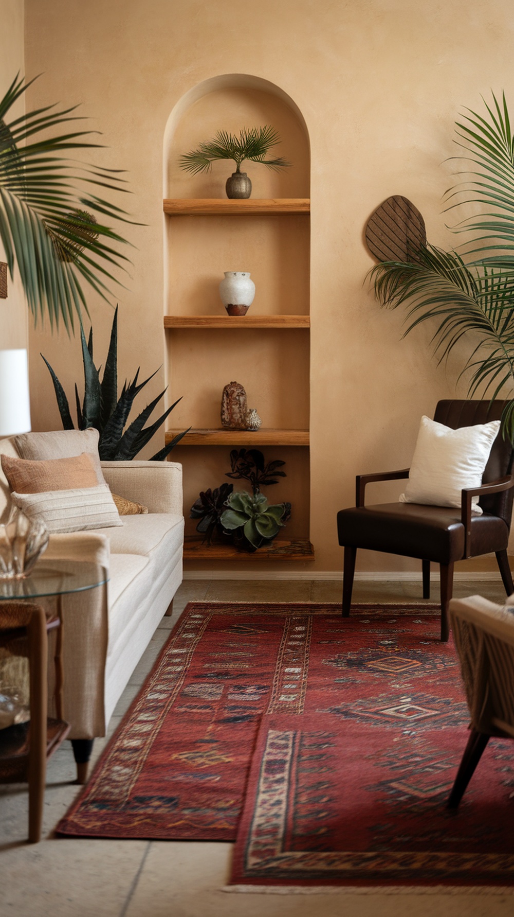 A cozy living room with a patterned area rug, showcasing a minimalist style and warm tones.