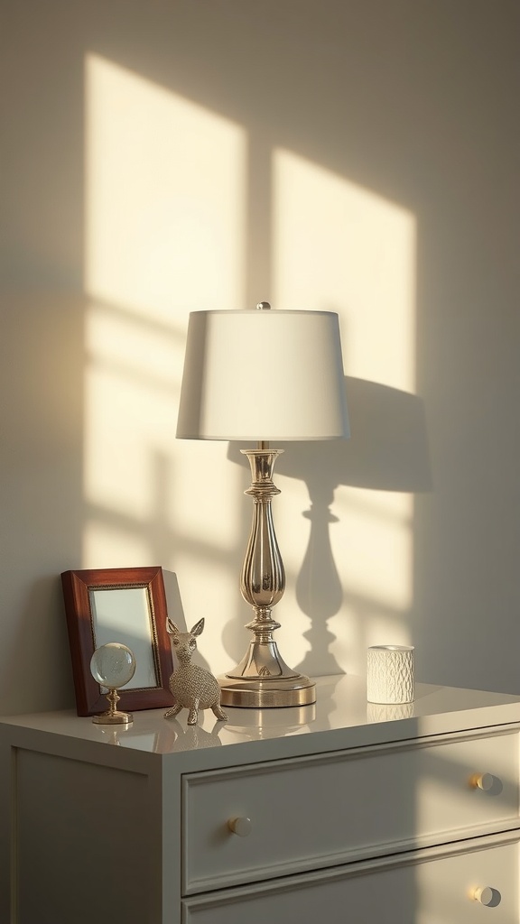 A stylish lamp on a dresser with decorative items and soft light