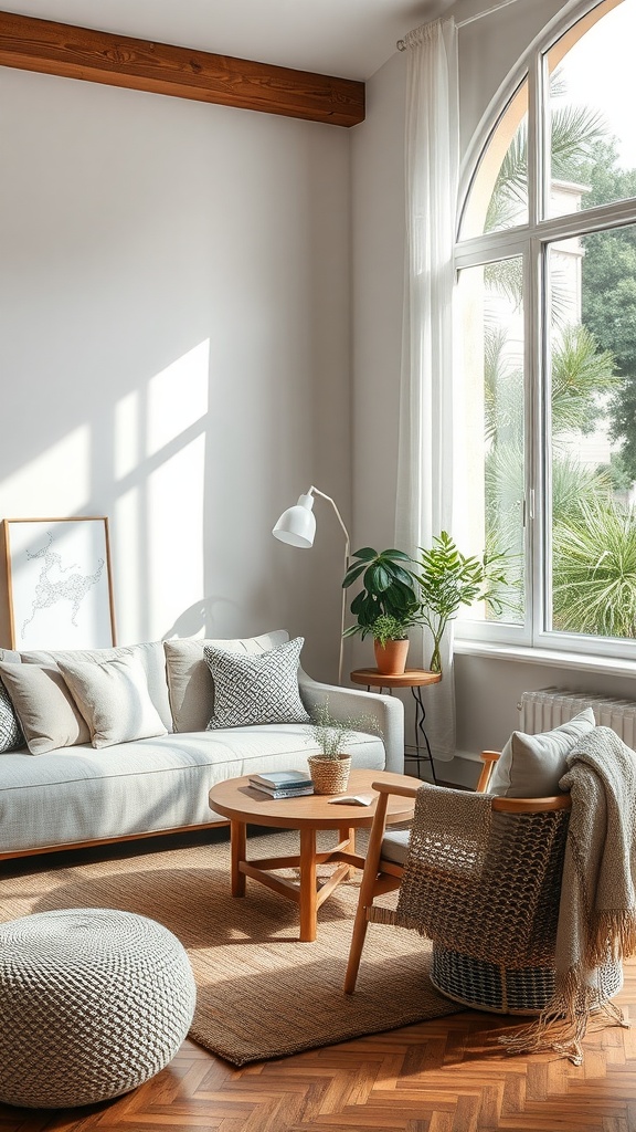 A cozy living room with a light sofa, patterned pillows, a wooden coffee table, and a woven pouf, showcasing various textiles.