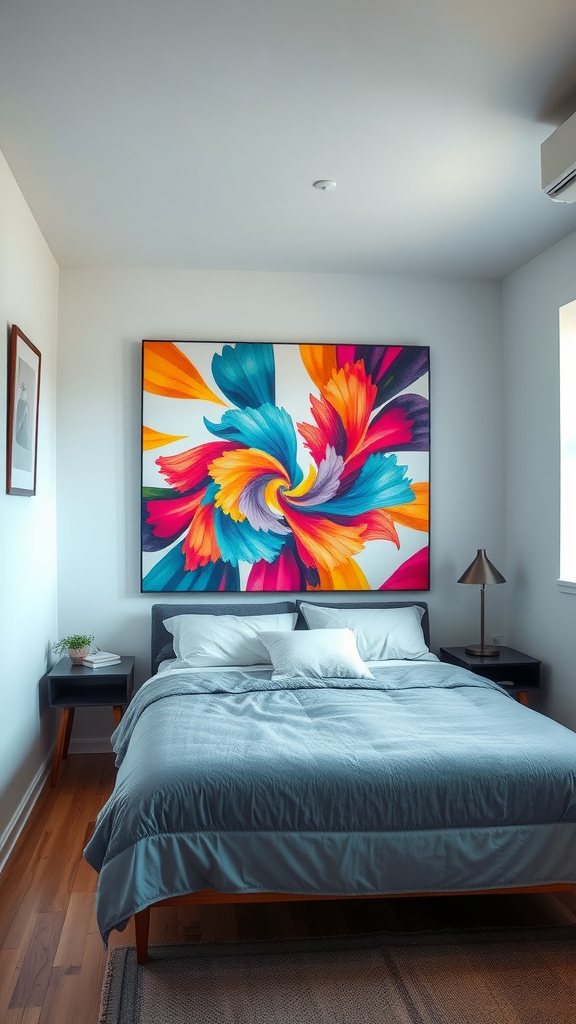 A vibrant wall art piece in a small bedroom featuring a colorful swirl design.