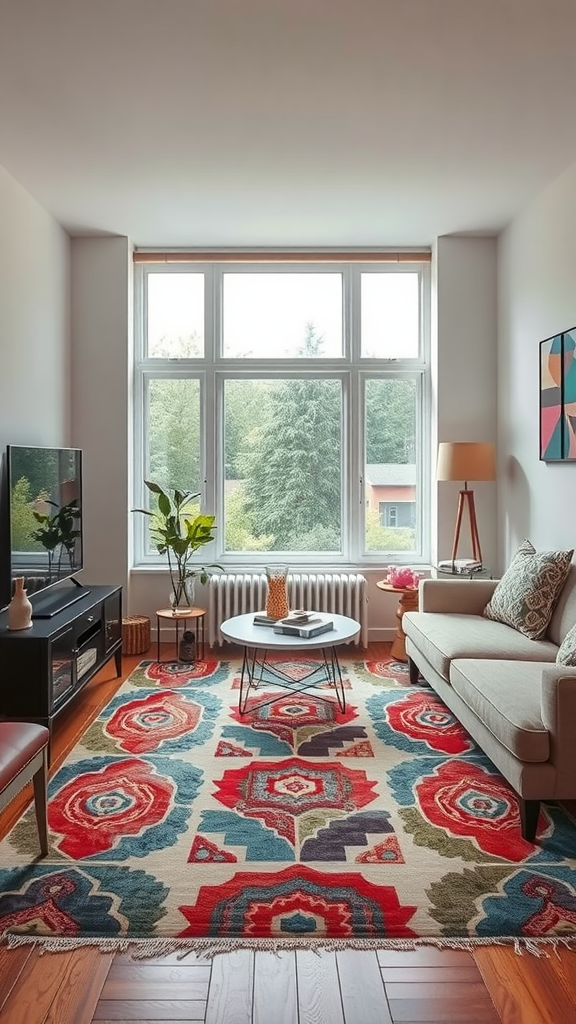 A cozy living room featuring a colorful area rug, a small couch, and a coffee table by the window.