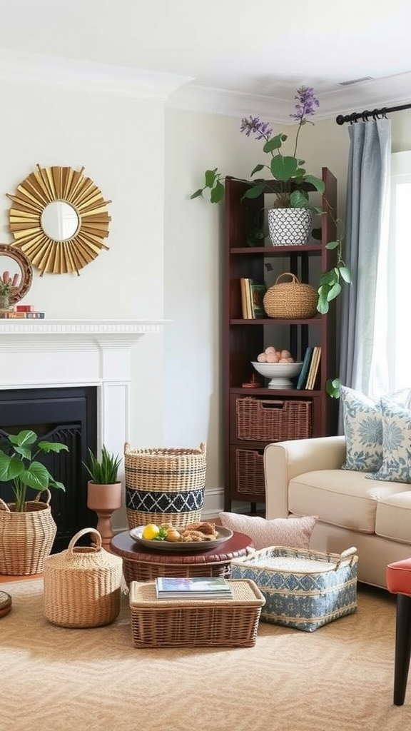 A cozy living room featuring various decorative baskets for stylish storage.
