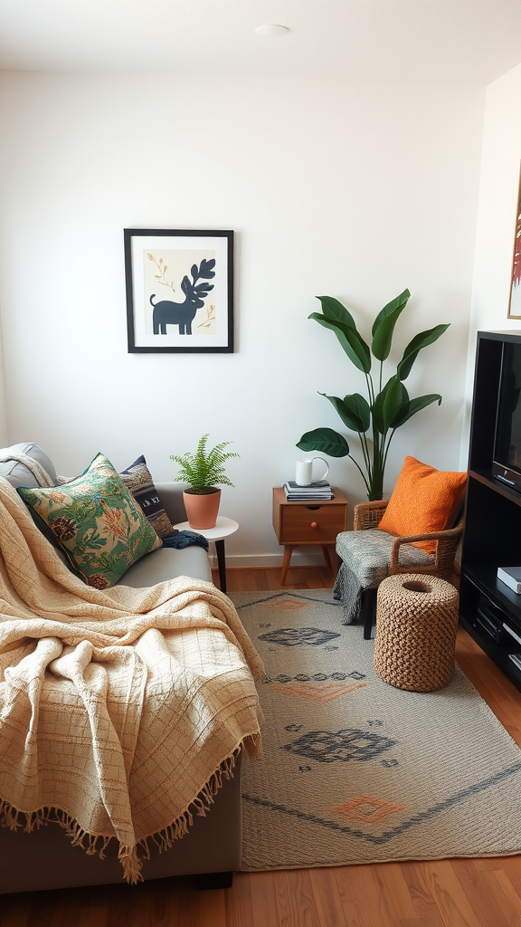 A cozy living room with a throw blanket on a small couch, featuring plants and a warm color palette.