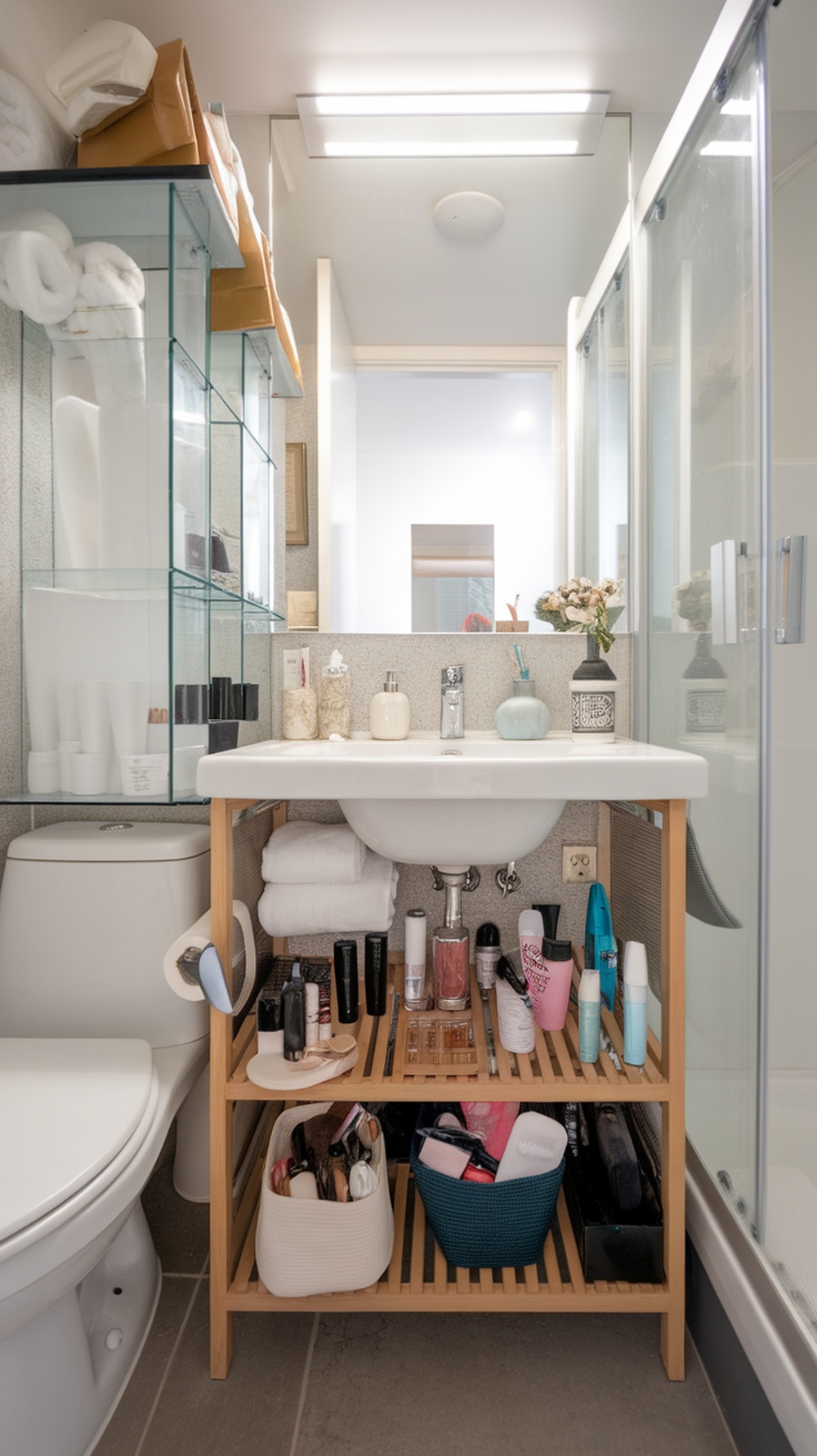 A small ensuite bathroom featuring a sink with a wooden shelf underneath, neatly organized with towels, baskets, and toiletries.