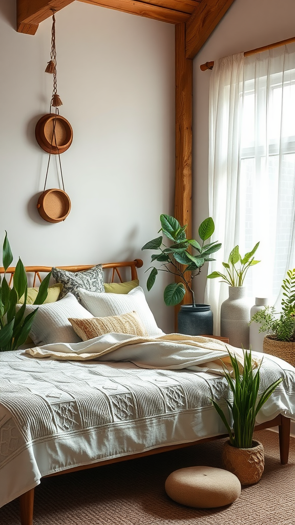 A cozy bedroom featuring plants, wooden beams, and soft textiles.