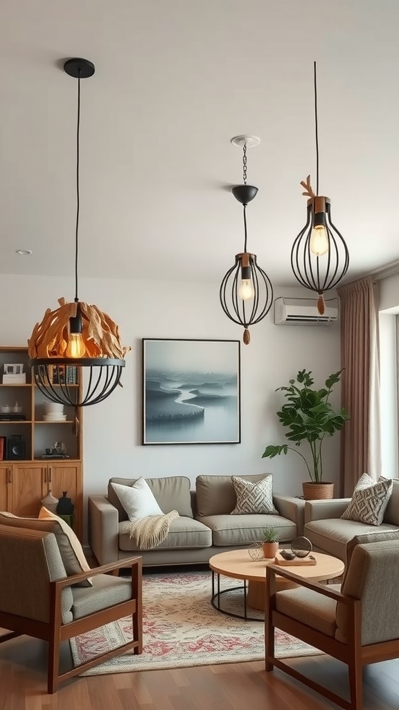 A modern living room featuring natural light fixtures with a cozy atmosphere