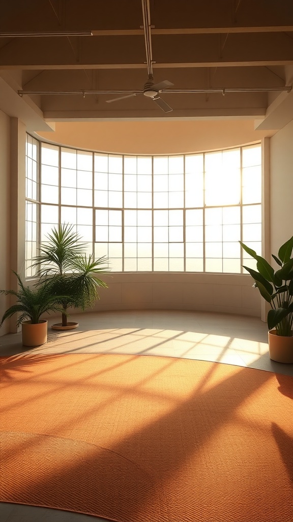 Bright room with large windows, plants, and an orange rug, showcasing natural light.