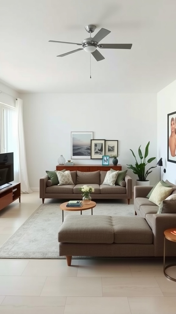 A modern living room featuring open spaces, cozy sofas, and earthy decor.