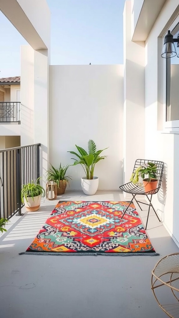 A colorful outdoor rug on a small balcony with plants and a chair.