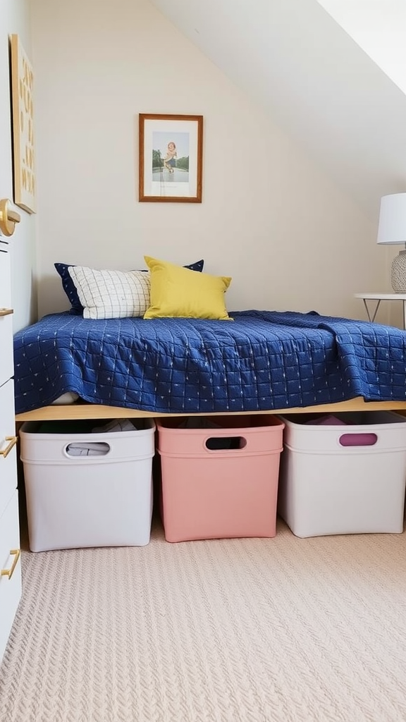 A cozy bedroom with colorful storage bins placed under the bed, showcasing efficient use of space.