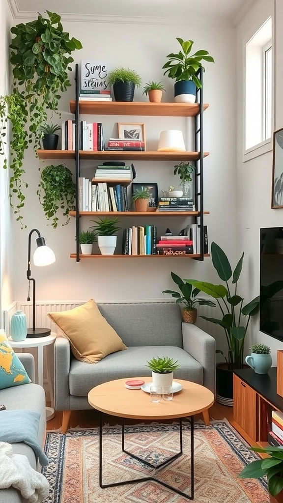 Cozy living room with shelves filled with plants, books, and decorative items.