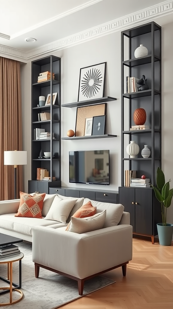 A stylish living room featuring vertical storage solutions with tall shelves and a cozy sofa.