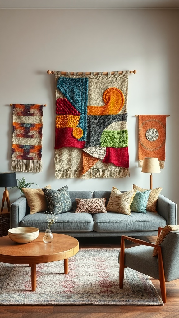 Colorful textile wall hangings in a cozy living room with a gray couch and wooden coffee table.