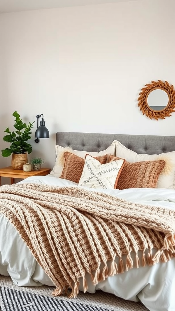 A cozy bedroom featuring a knitted blanket on the bed, warm-toned pillows, and a plant.