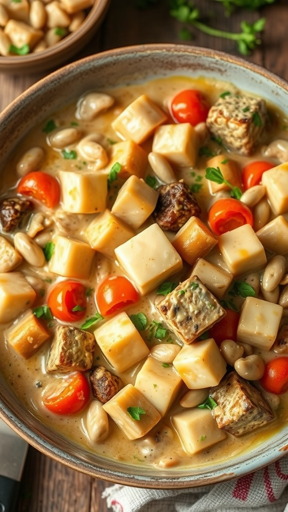 A bowl of creamy vegetarian stroganoff with tofu, topped with cherry tomatoes and herbs.