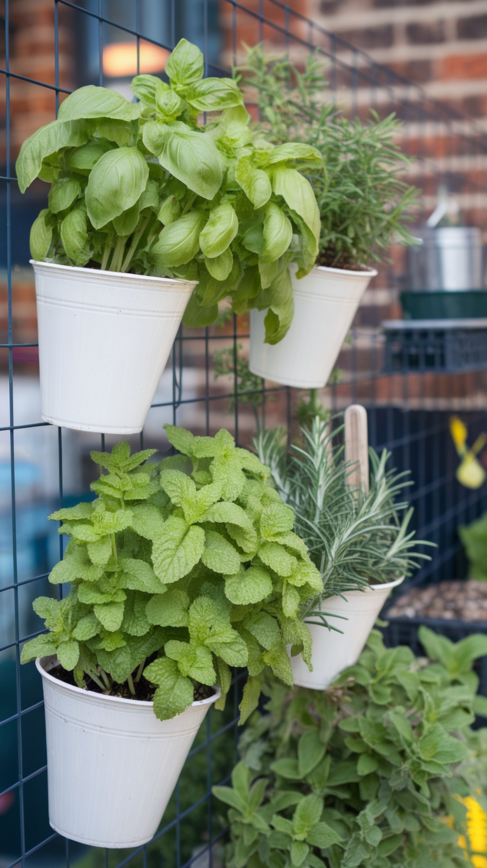 Vertical herb garden with basil, mint, and rosemary in white pots attached to a fence