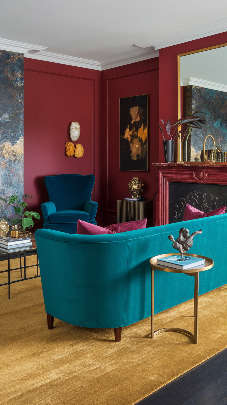 A stylish living room featuring jewel tones with a teal sofa, red walls, and elegant decor.