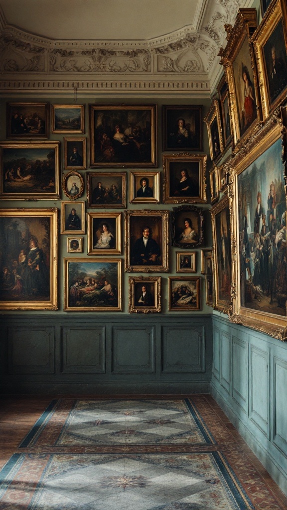Victorian hallway with an array of portraits and artwork displayed in ornate frames on the walls.