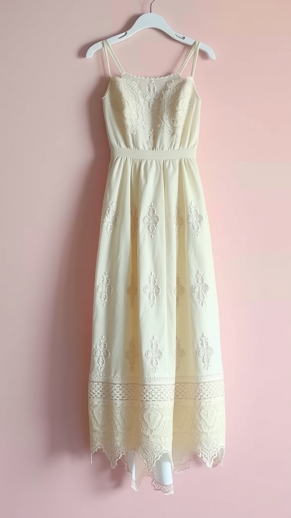 A vintage-inspired cream dress with crochet details hanging on a pink wall.