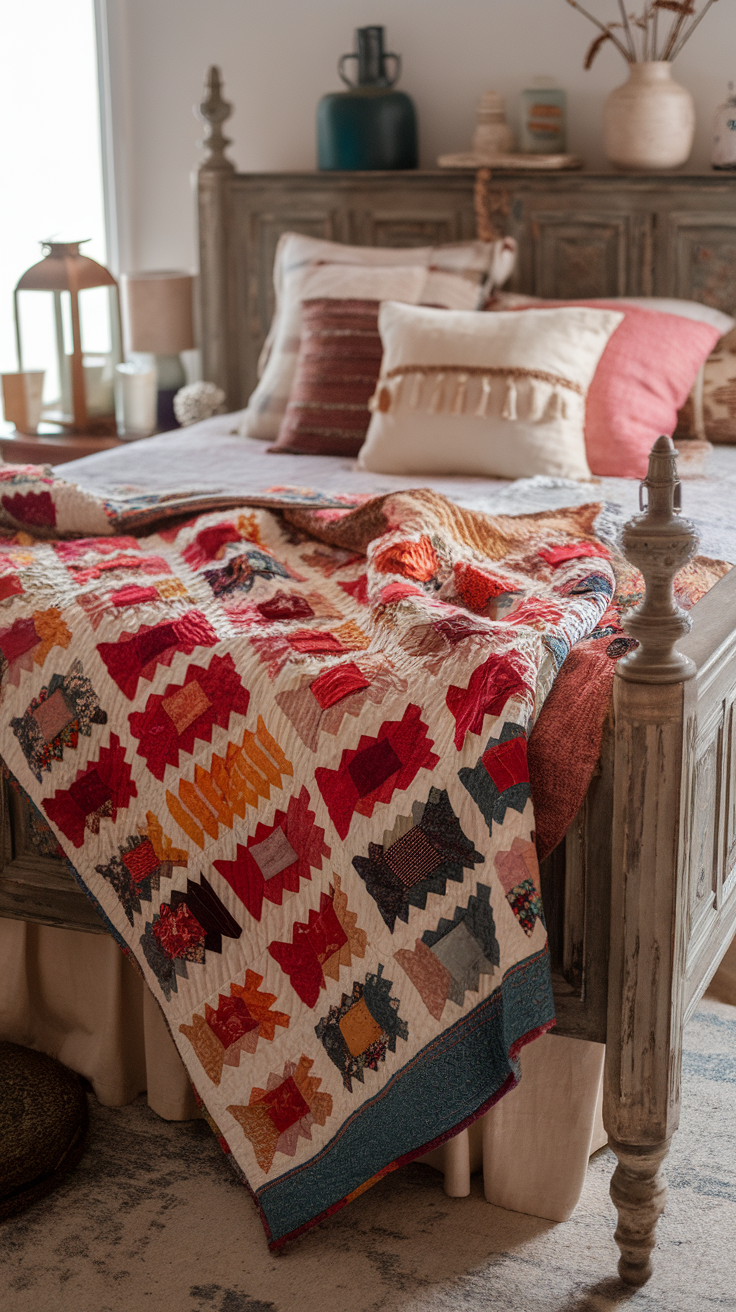 A vintage-inspired quilt with bright colors and unique patterns draped over a rustic wooden bed.