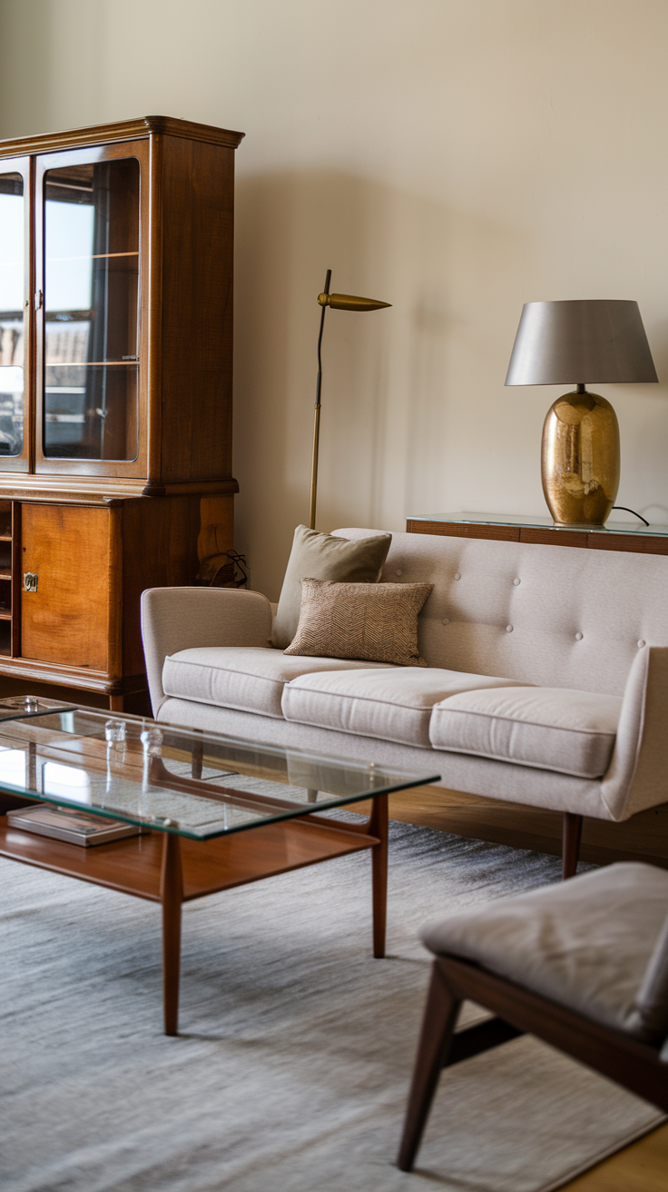 A cozy living room featuring a modern sofa, vintage wooden cabinet, glass coffee table, and stylish lamp.
