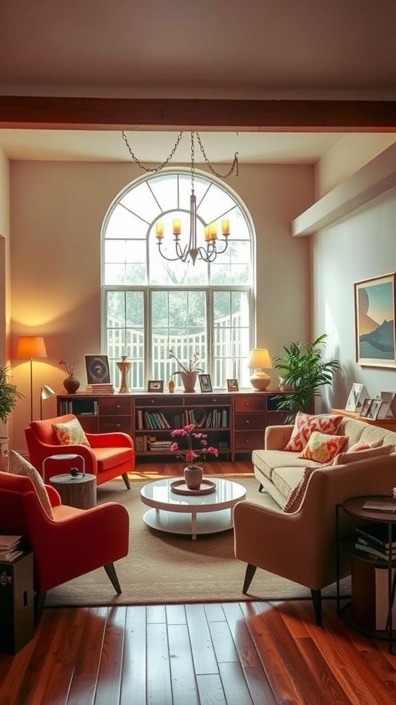 A cozy living room featuring vintage and retro furniture with bright colors.