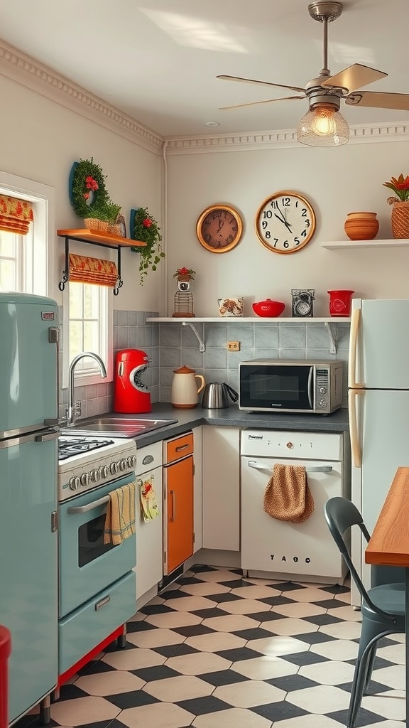 A cozy vintage kitchen with pastel appliances, patterned floor, and warm decor.