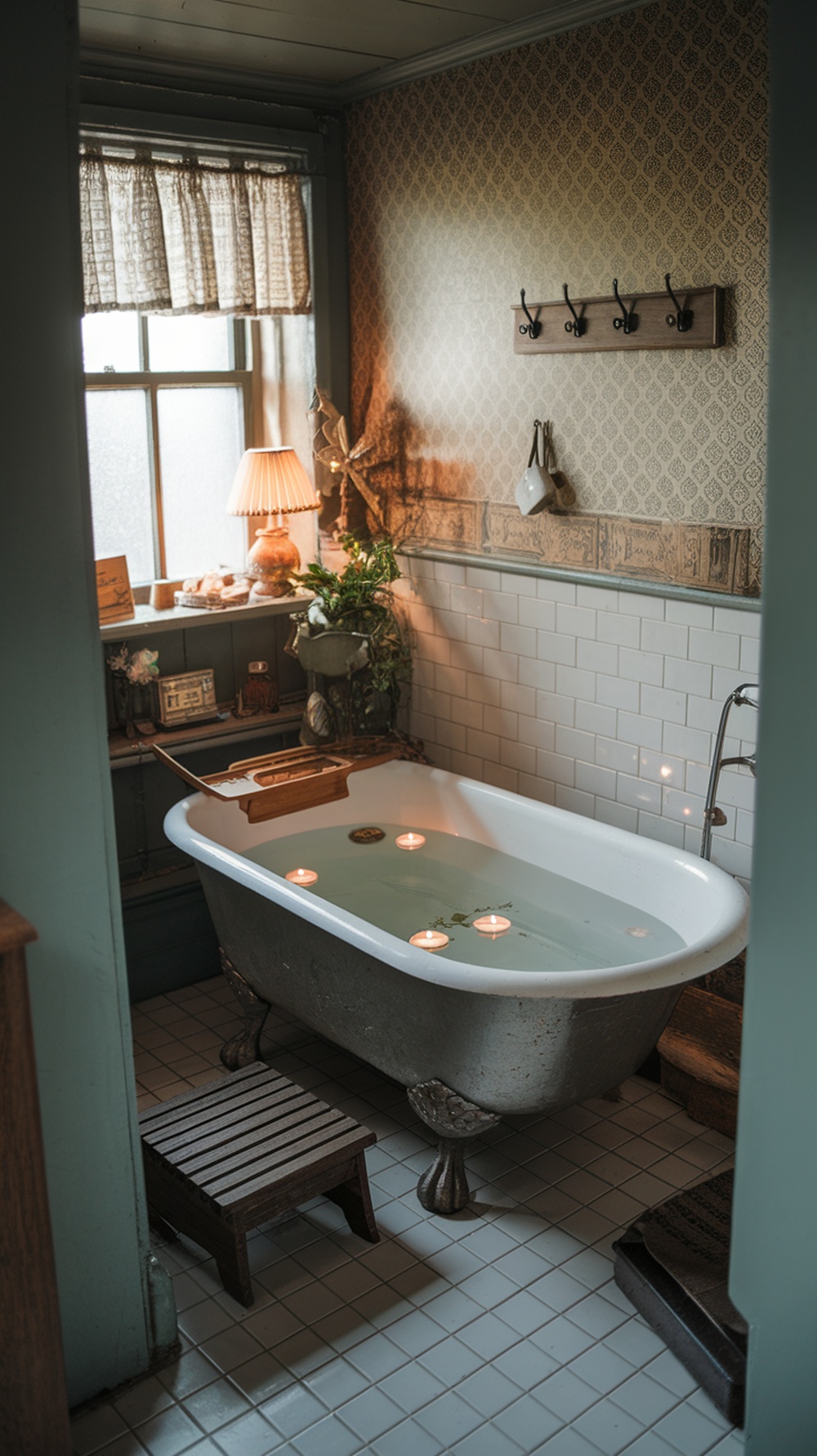 A vintage bathroom featuring a clawfoot tub, soft lighting, and decorative accents.