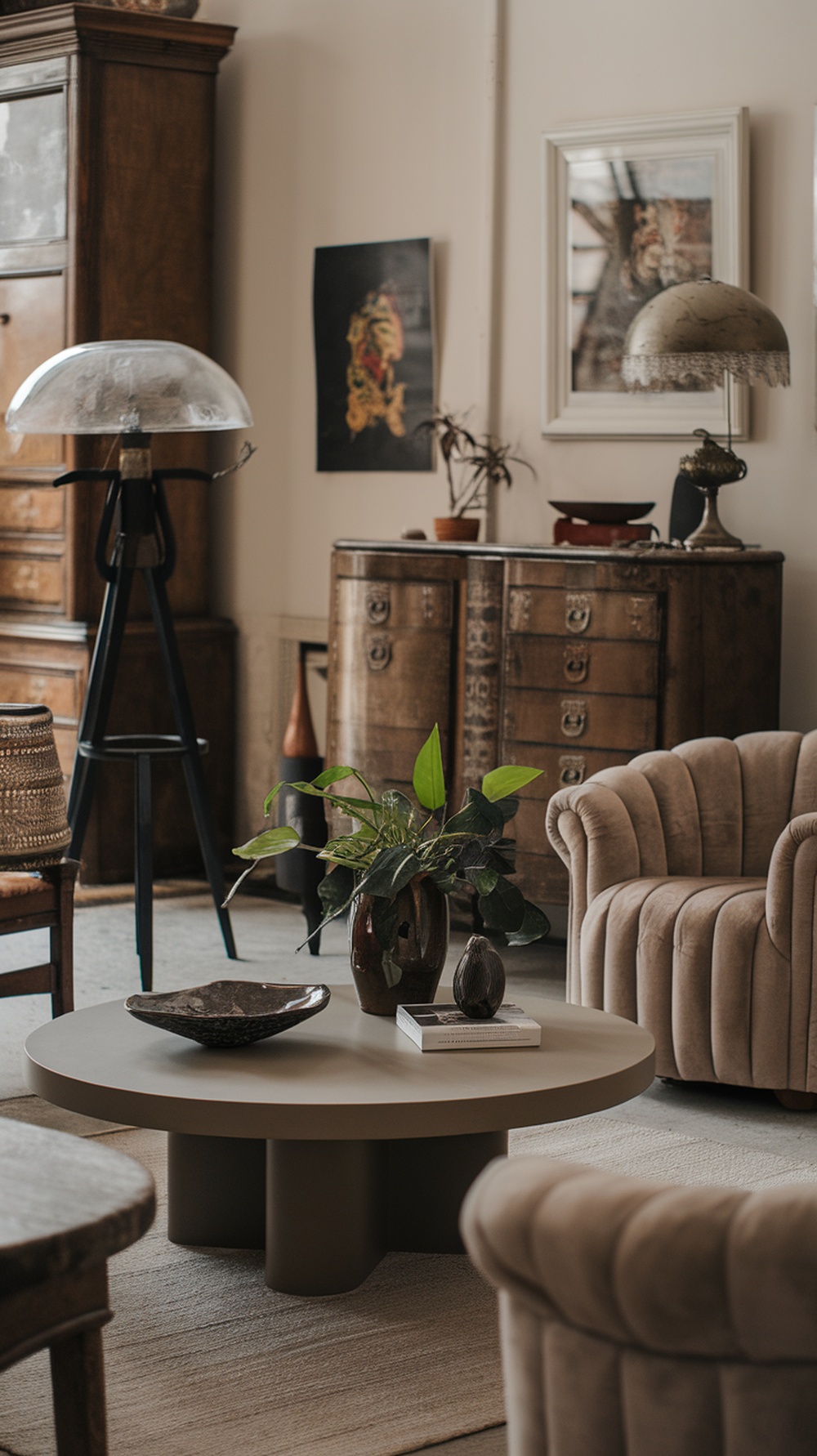 A living room featuring a vintage wooden cabinet, modern coffee table, and soft sofa, decorated with plants and unique decor pieces.