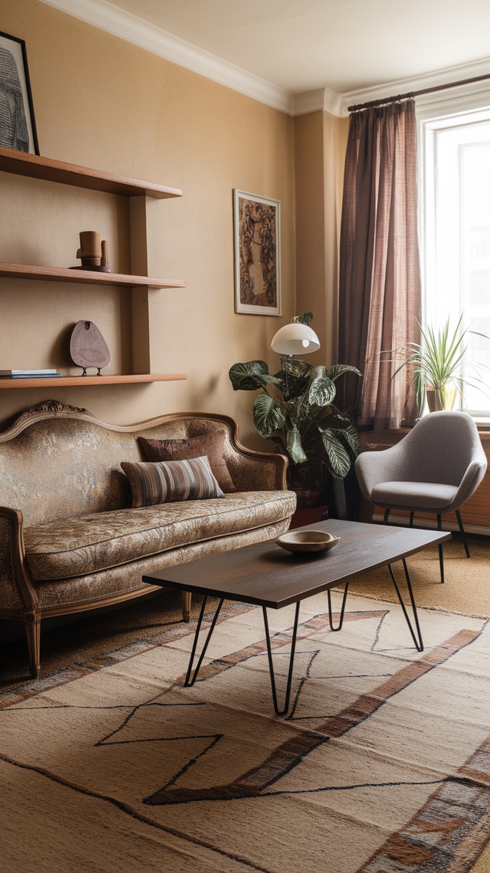 A cozy living room featuring a vintage golden sofa, modern coffee table, and warm decor elements.