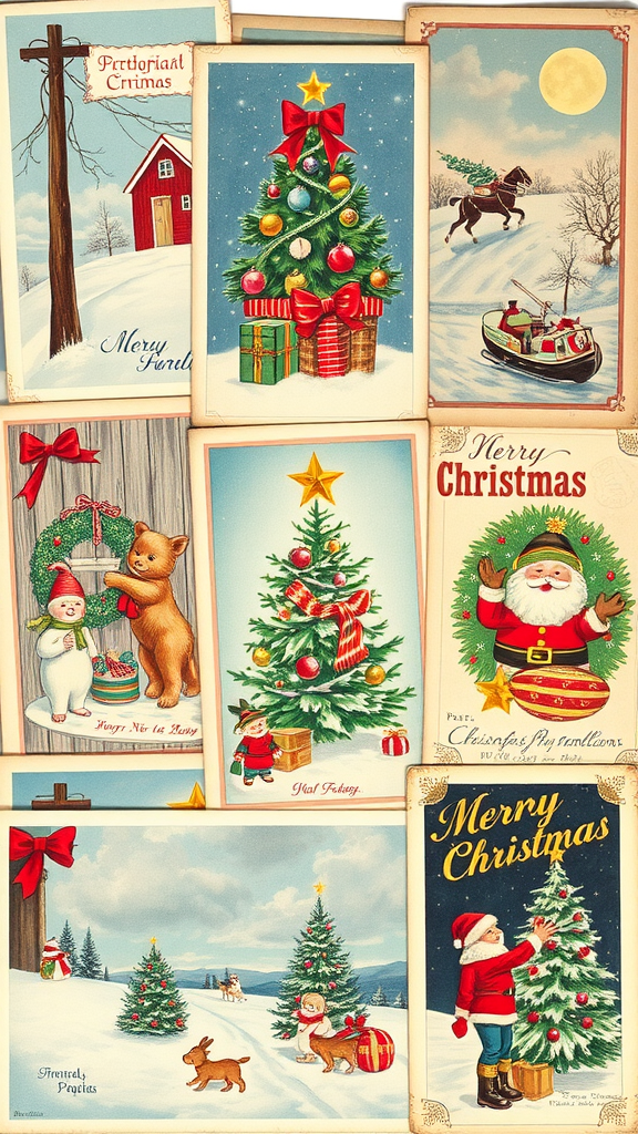 A collection of vintage Christmas postcards featuring trees, snow, and festive characters.