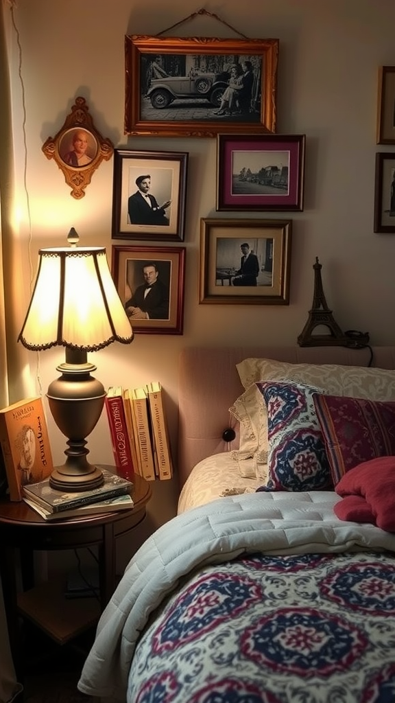 A vintage-themed bedroom with framed photos on the wall, a lamp on the nightstand, and a cozy quilt on the bed.
