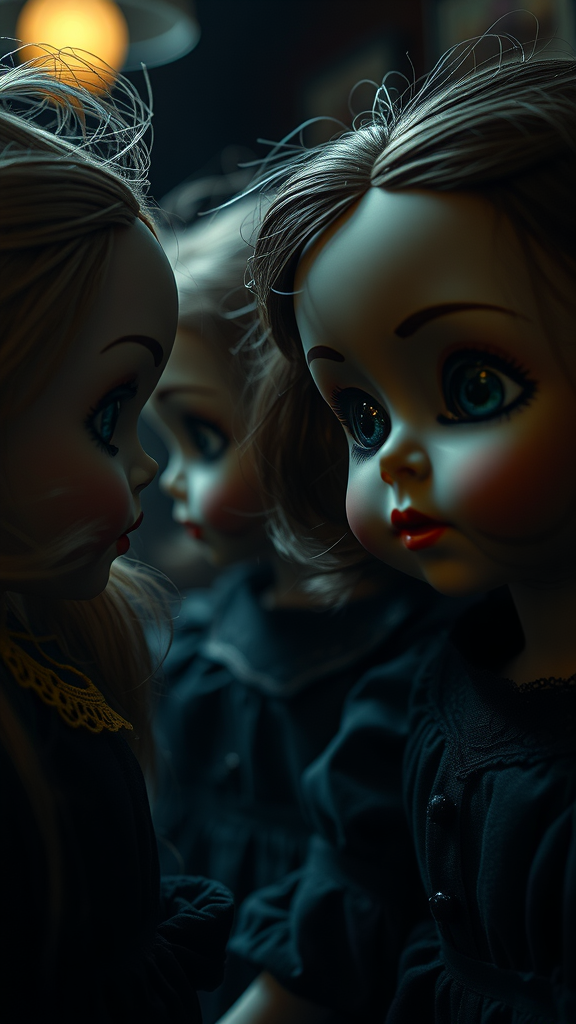 A close-up of vintage dolls with eerie expressions, showcasing their glassy eyes and detailed features.