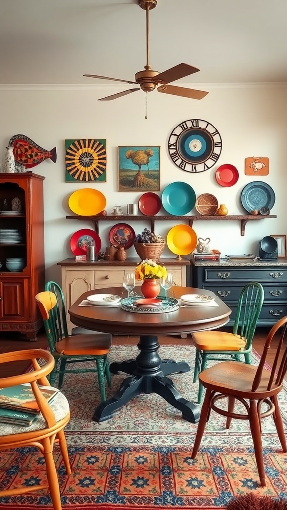 A cozy dining room featuring a round table surrounded by colorful chairs, decorated with vibrant plates and artwork on the walls.