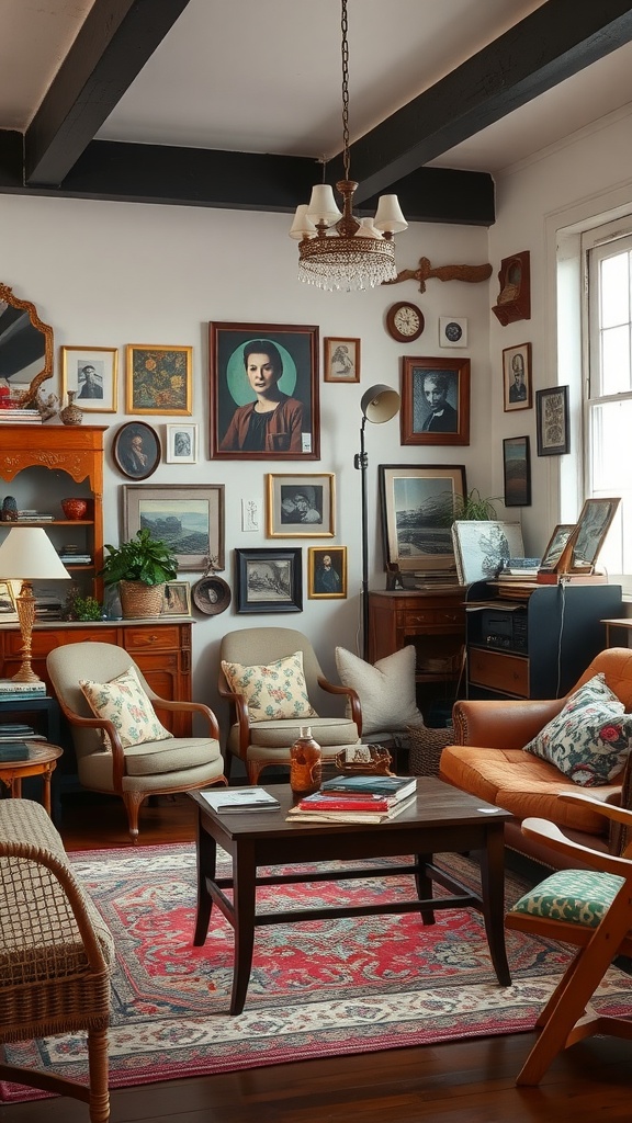 A cozy vintage styled room with framed art on the walls, comfortable chairs, and a warm rug.