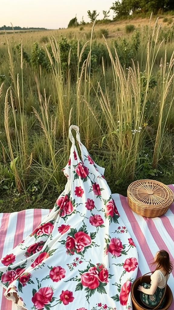 A vintage floral print maxi dress laid on a picnic blanket in a field