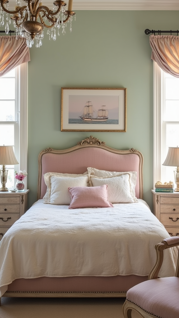 Cozy teen girl bedroom with elegant pink bed, vintage chandelier, and soft green walls.