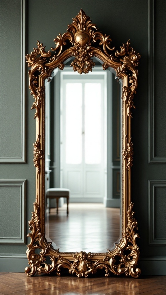 An ornate vintage mirror with a golden frame in a Victorian hallway