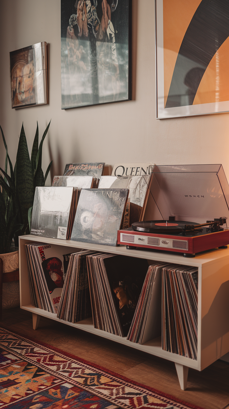 A stylish display of vintage records and a record player in a cozy room.